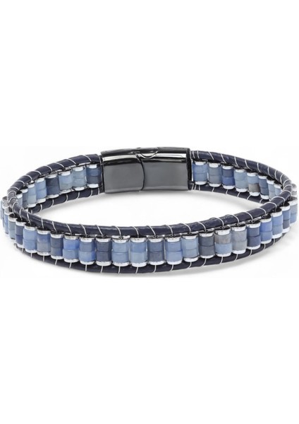 Mavi Aventurin & Hematit Çelik Örgülü Deri Bileklik