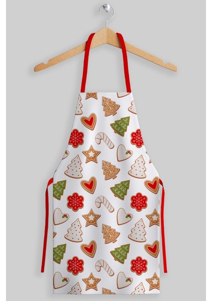 Yılbaşı temalı kurabiye desenli şık mutfak önlüğü, ekru, polyester, 55x70 cm