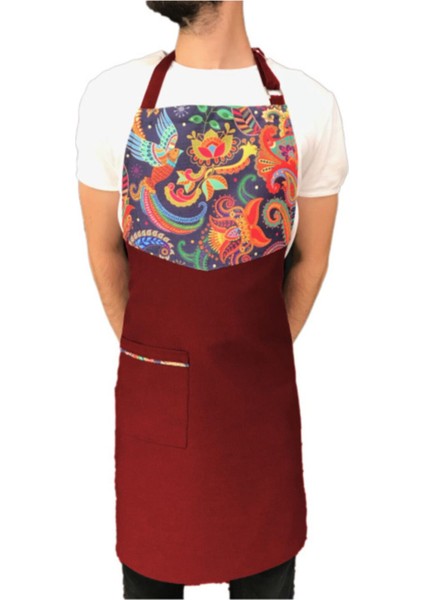 Mandala desenli unisex mutfak önlüğü, bordo renk, yıkama talimatı T01