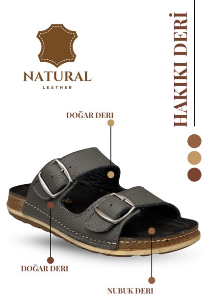 Çift Tokalı Ayarlanabilir Hakiki Deri Erkek Terlik Doğal Deri Terlik T Füme