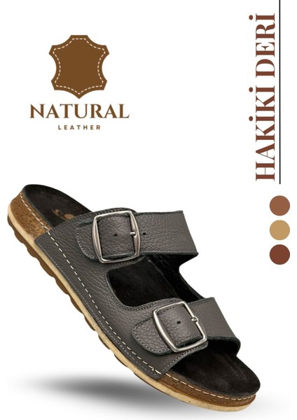 Çift Tokalı Ayarlanabilir Hakiki Deri Erkek Terlik Doğal Deri Terlik T Füme modelleri