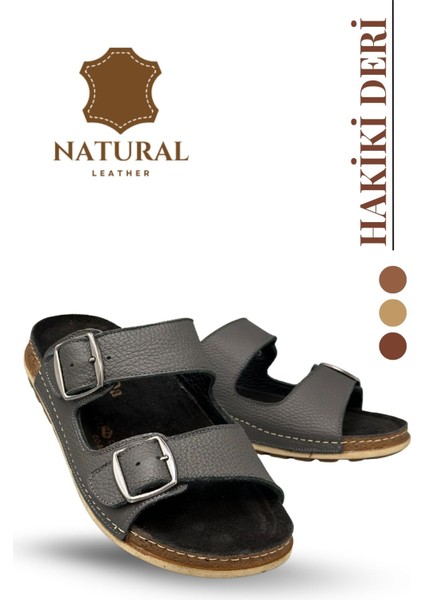 Çift Tokalı Ayarlanabilir Hakiki Deri Erkek Terlik Doğal Deri Terlik T Füme fırsatları