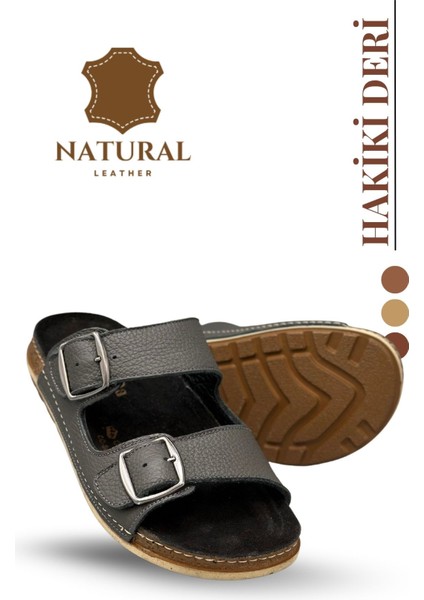 Çift Tokalı Ayarlanabilir Hakiki Deri Erkek Terlik Doğal Deri Terlik T Füme indirimleri