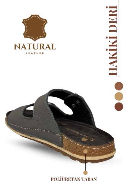 Çift Tokalı Ayarlanabilir Hakiki Deri Erkek Terlik Doğal Deri Terlik T Füme