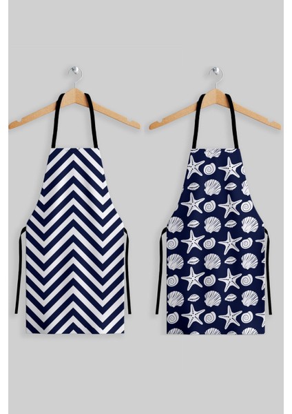 Lacivert Marin Desenli 2'li Mutfak Önlüğü Seti, 70x50 cm, Kumaş