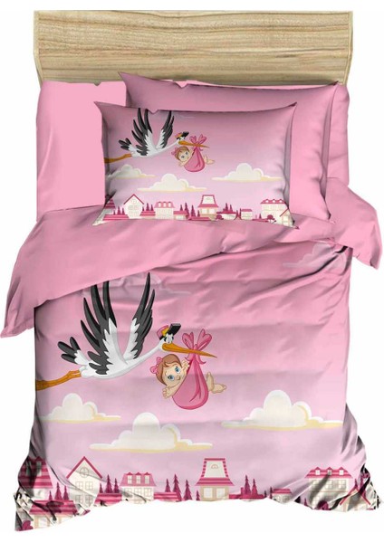 Yenidoğan Kız Bebek Nevresim Takımı &#37;100 Pamuklu Leylek