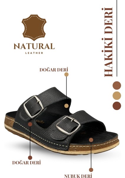 Çift Tokalı Ayarlanabilir Hakiki Deri Erkek Terlik Doğal Deri Terlik T Siyah