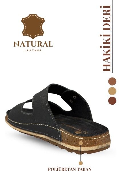 Çift Tokalı Ayarlanabilir Hakiki Deri Erkek Terlik Doğal Deri Terlik T Siyah