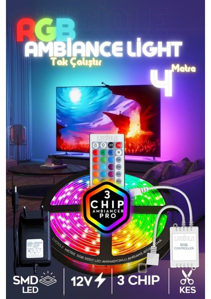 4 Metre Tv Arkası 16 Renkli Tak Çalıştır Yatak Odası Mutfak Bilgisayar Rgb LED Lambader Animasyon