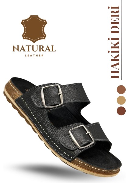 Çift Tokalı Ayarlanabilir Hakiki Deri Erkek Terlik Doğal Deri Terlik T Siyah modelleri
