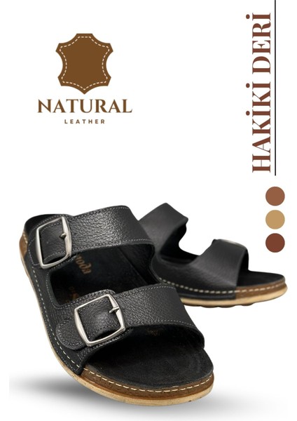 Çift Tokalı Ayarlanabilir Hakiki Deri Erkek Terlik Doğal Deri Terlik T Siyah fırsatları
