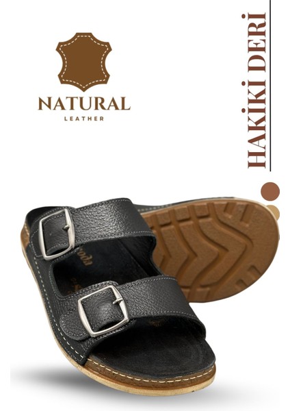 Çift Tokalı Ayarlanabilir Hakiki Deri Erkek Terlik Doğal Deri Terlik T Siyah indirimleri