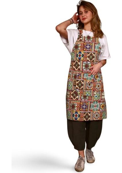 Renkli mozaik desenli kullanışlı mutfak önlüğü, 96x65 cm, pamuk polyester