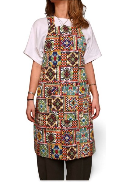 Renkli mozaik desenli kullanışlı mutfak önlüğü, 96x65 cm, pamuk polyester modelleri