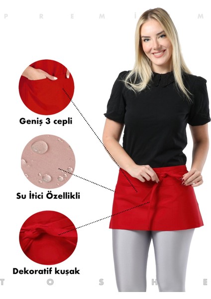 Kırmızı su geçirmez mutfak önlüğü, 3 geniş cepli, şık ve dayanıklı tasarım 60x30 cm