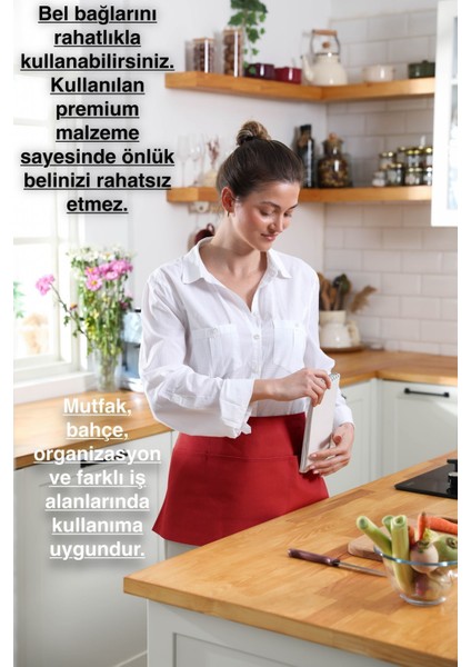 Kırmızı su geçirmez mutfak önlüğü, 3 geniş cepli, şık ve dayanıklı tasarım 60x30 cm