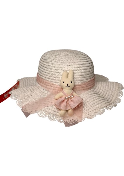 Spteks Kitti 2-6 Yaş Kız Çocuk Beyaz Renk Tavşan ve Fiyonk Figürlü Hasır Yazlık Şapka