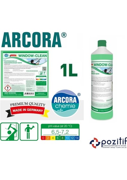 Cam Temizleyici Konsantre 1L, Profesyonel Temizlik Sıvısı, Menşei: DE, Güvenli Kullanım