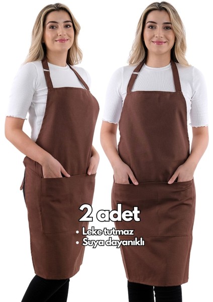 Kahverengi 2'li ayarlanabilir mutfak önlüğü seti, rahat ve şık kullanım sağlar.