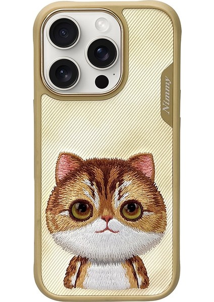 iPhone 16 Pro Uyumlu 3D Göz Golden Kedi Detaylı Gerçek Nakış İşlemeli Kabartmalı Big Eyes Kılıf