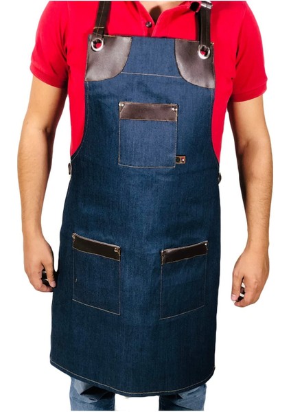 Mavi Kot Derili Cepli Boyundan Askılı Şef Önlüğü