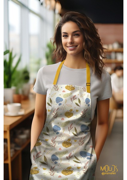 Süet Kumaş Sonbahar Desenli Mutfak Önlüğü, Pamuk Polyester, 55x75, Beyaz