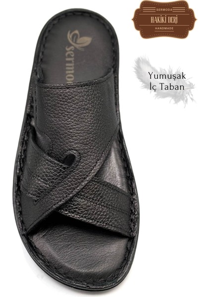 Hakiki Gerçek Deri Erkek Terlik Hafif Terlik Deri G Şır Siyah