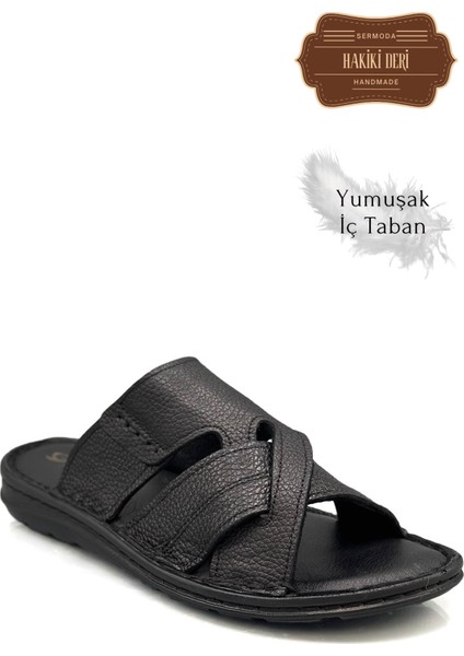 Hakiki Gerçek Deri Erkek Terlik Hafif Terlik Deri G Şır Siyah