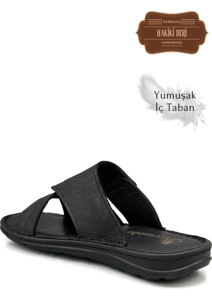 Hakiki Gerçek Deri Erkek Terlik Hafif Terlik Deri G Şır Siyah