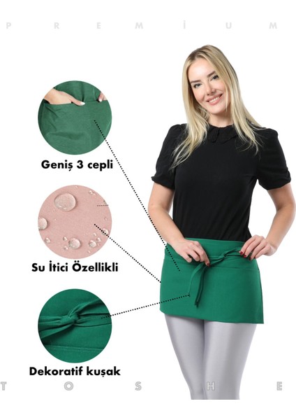 Suya dayanıklı mutfak önlüğü, geniş cepli, şık tasarım, 60x30, pamuk polyester, yeşil