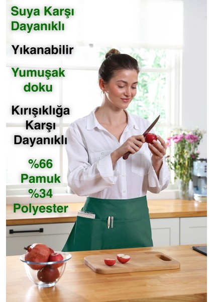 Suya dayanıklı mutfak önlüğü, geniş cepli, şık tasarım, 60x30, pamuk polyester, yeşil