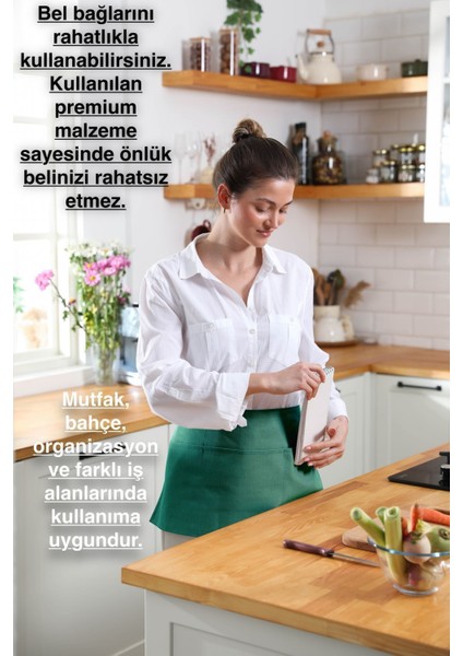Suya dayanıklı mutfak önlüğü, geniş cepli, şık tasarım, 60x30, pamuk polyester, yeşil