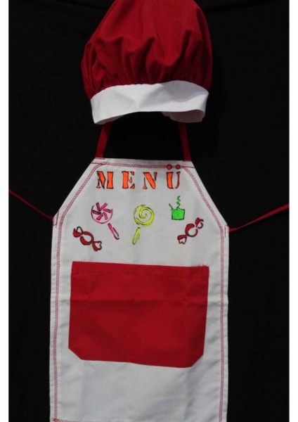 Kırmızı ve beyaz çocuk şapka ve servis önlüğü, pamuk viskon polyester, 36×50 cm