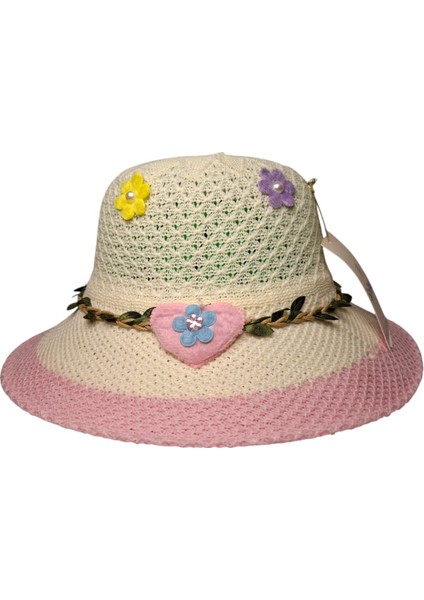 6-12 Yaş Kız Çocuk Krem Renk Kalp ve Çiçek Figürlü Merserize Yazlık Şapka