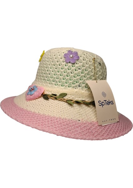 6-12 Yaş Kız Çocuk Krem Renk Kalp ve Çiçek Figürlü Merserize Yazlık Şapka fiyatları