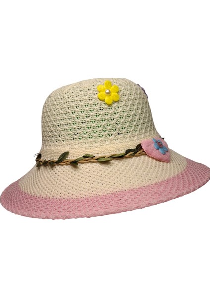 6-12 Yaş Kız Çocuk Krem Renk Kalp ve Çiçek Figürlü Merserize Yazlık Şapka modelleri