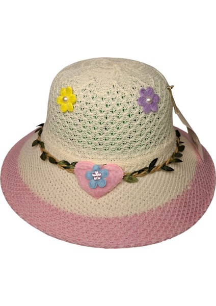 6-12 Yaş Kız Çocuk Krem Renk Kalp ve Çiçek Figürlü Merserize Yazlık Şapka fırsatları