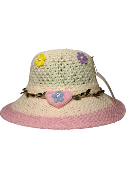 6-12 Yaş Kız Çocuk Krem Renk Kalp ve Çiçek Figürlü Merserize Yazlık Şapka indirimleri