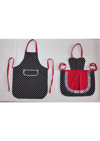 Karı Koca Eşli Siyah Puantiyeli Mutfak Önlüğü Kırmızı Detaylı