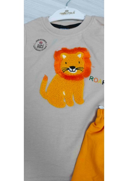 Erkek Bebek Aslan Baskılı Pamuklu Şortlu Takım - kahve & sarı- "ROAR! "Temalı