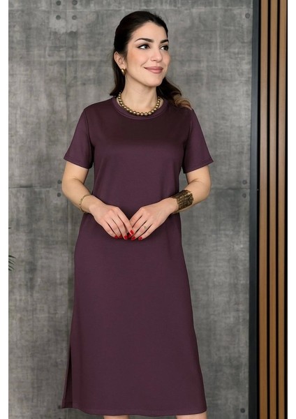 Kadın Kısa Kollu Bisiklet Yaka Yırtmaçlı Viskon Iki Iplik Elbise fiyatları