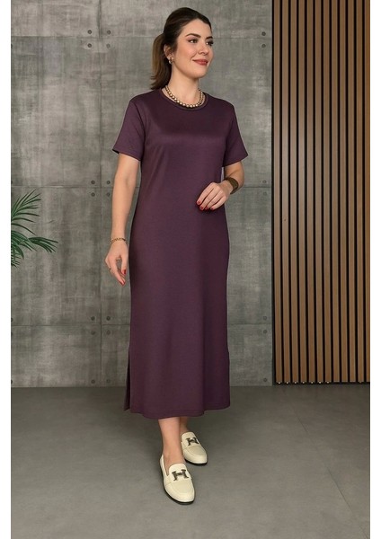 Kadın Kısa Kollu Bisiklet Yaka Yırtmaçlı Viskon Iki Iplik Elbise modelleri