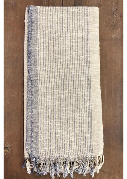 El Dokuması Pamuk - Keten Peştemal 95 x 200 cm - Krem - Mavi