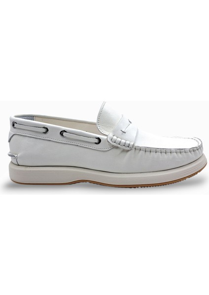 M21292W Hakiki Deri Baharlık Yazlık Bağcıksız Ekru Beyaz Erkek Loafer Ayakkabı fırsatları