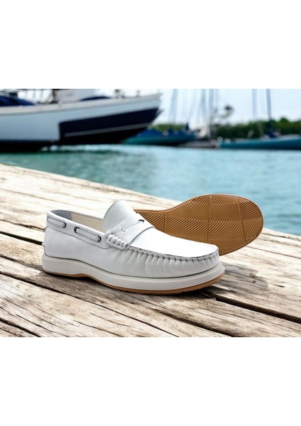 M21292W Hakiki Deri Baharlık Yazlık Bağcıksız Ekru Beyaz Erkek Loafer Ayakkabı
