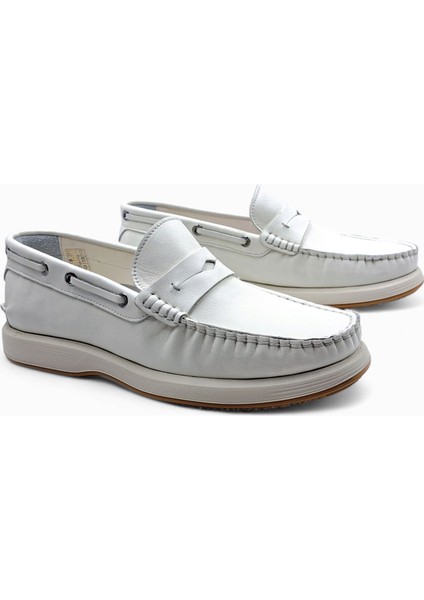 M21292W Hakiki Deri Baharlık Yazlık Bağcıksız Ekru Beyaz Erkek Loafer Ayakkabı indirimleri