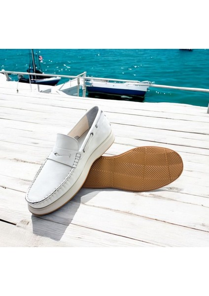 M21292W Hakiki Deri Baharlık Yazlık Bağcıksız Ekru Beyaz Erkek Loafer Ayakkabı