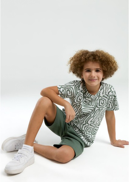 3302 Garson Erkek Çocuk Desenli Bisiklet Yaka Kısa Kollu Şortlu Pijama Takım