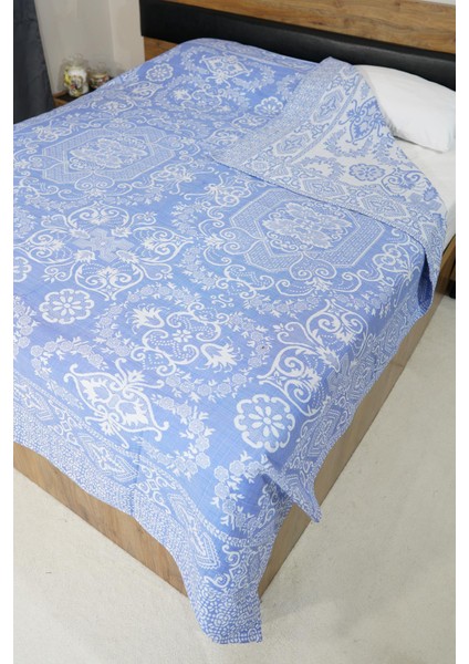 %100 Pamuk El Dokuması Çiçek Desenli Pike 190 x 230 cm - Açık Mavi
