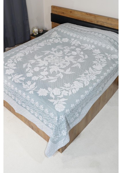 %100 Pamuk El Dokuması Kuş Desenli Pike 190 x 225 cm - Buz Mavi